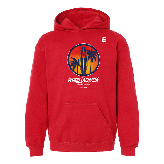 World Lacrosse Championship Surfboard Youth Hooded Sweatshirt - Red